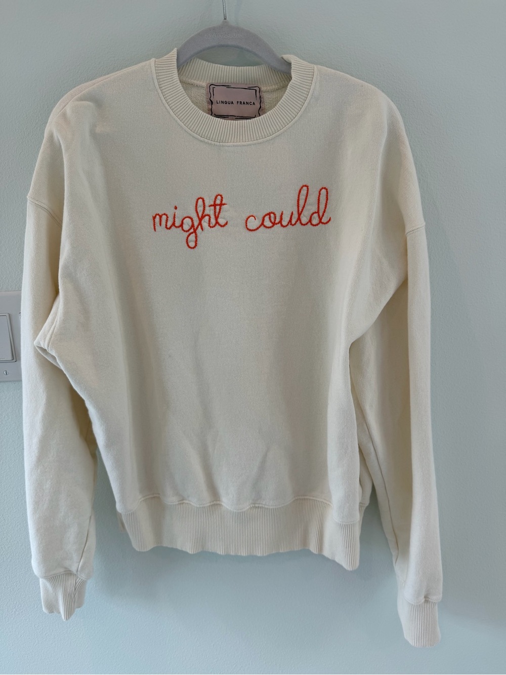 Lingua Franca Cream Crewneck Sweatshirt with Orange Script